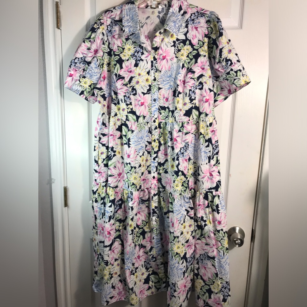 Crown & Ivy Floral Tiered Short-Sleeve Dress - Navy, Pink & Pastel 2X